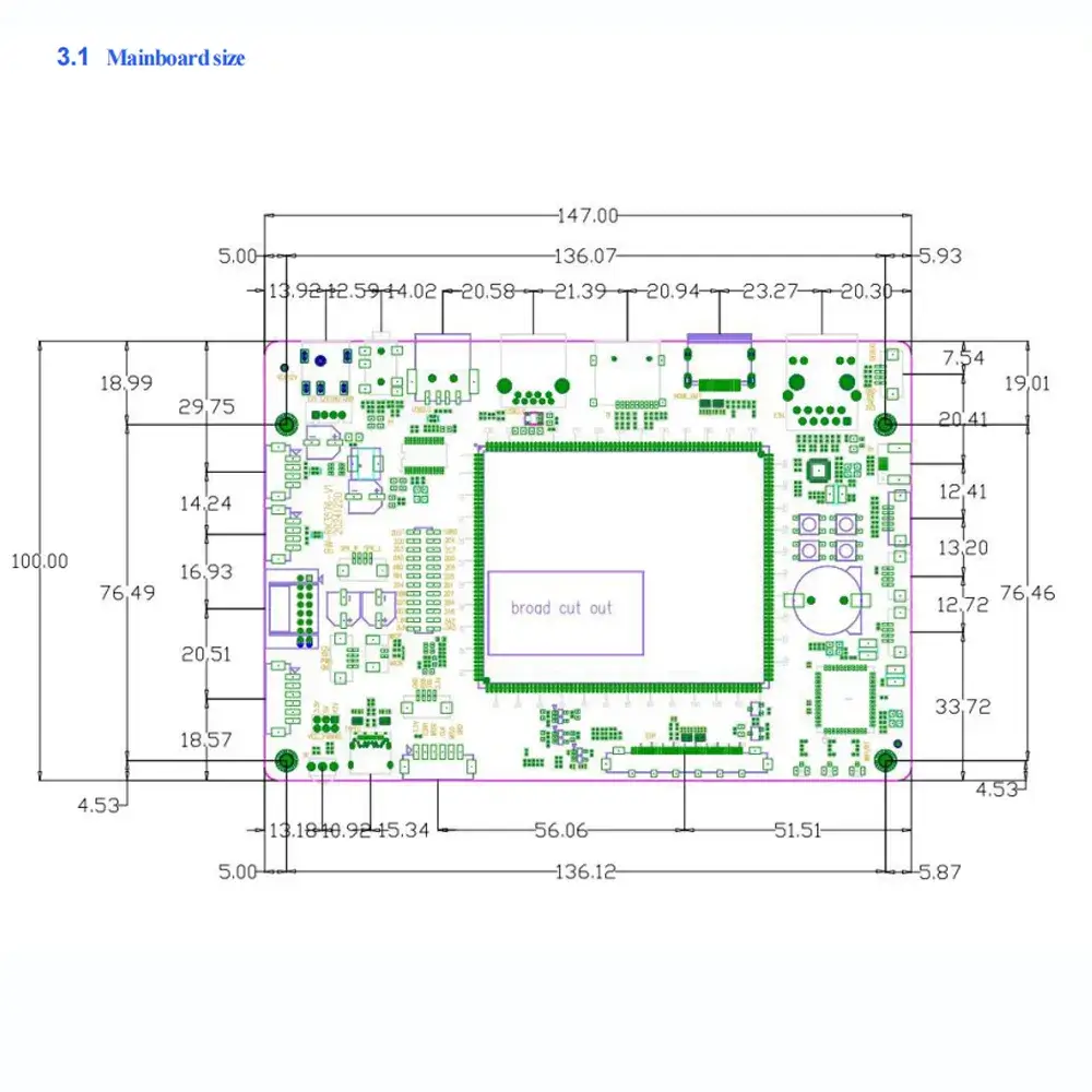 RK3576 core board PCB dimension drawing, mainboard size outline diagram 147×100mm
