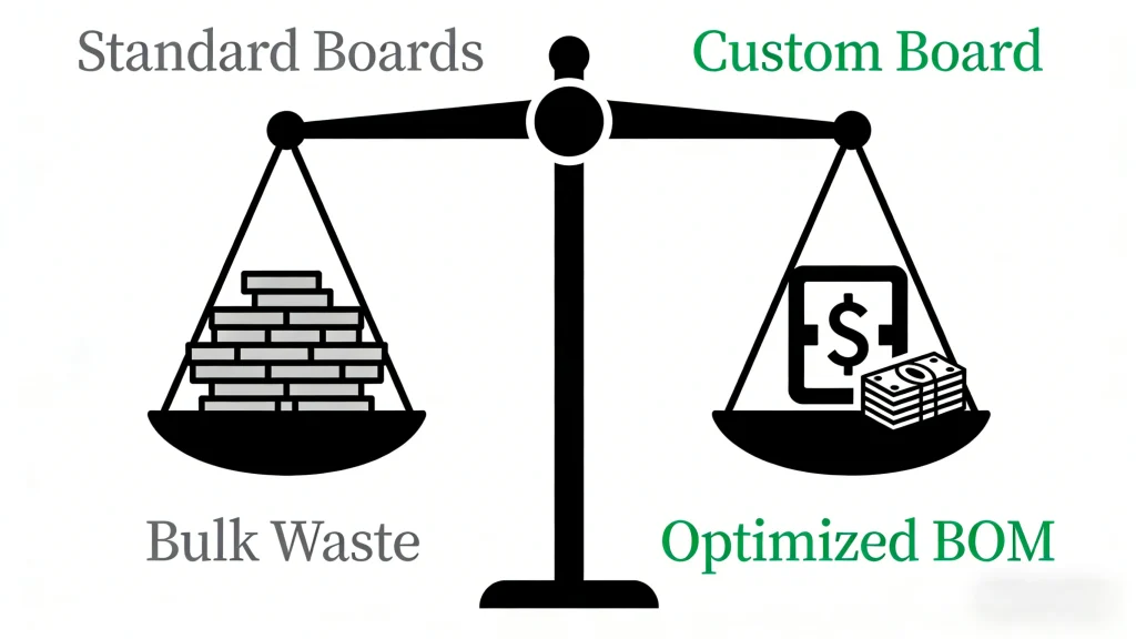 Infographic illustrating cost savings of custom boards through optimized BOM and reduced waste compared to standard boards in mass production.