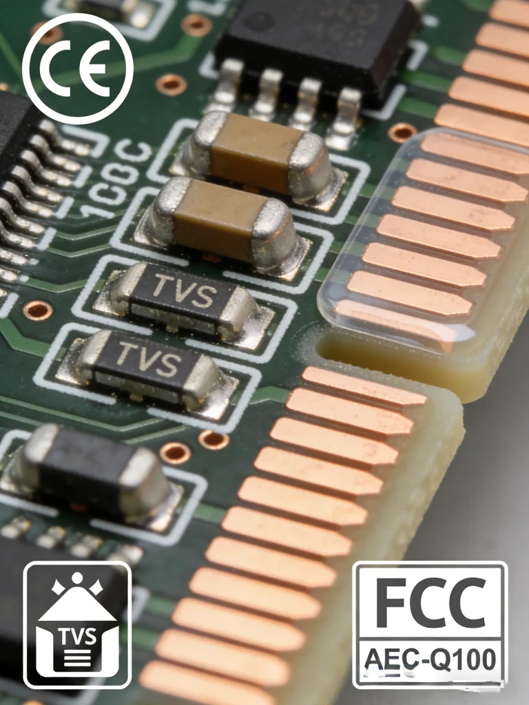 PCB layout detail showing EMI protection components and isolation barriers for meeting industry compliance standards like CE and AEC-Q100.