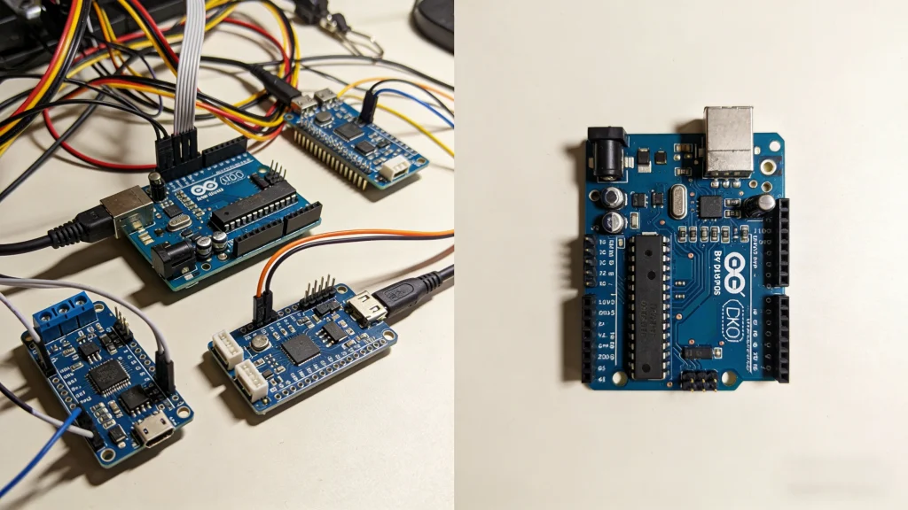Comparison between a bulky standard Arduino setup with shields and a compact, integrated custom development board.