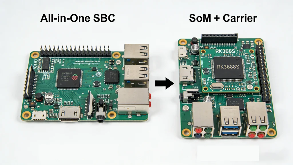 SoM vs SBC comparison - All-in-one board on left, SoM with carrier board on right