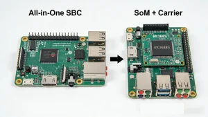 SoM vs SBC comparison - All-in-one board on left, SoM with carrier board on right