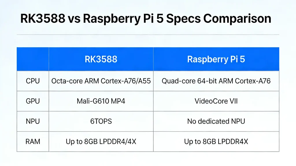 RK3588 vs Raspberry Pi 5 CPU NPU RAM comparison infographic