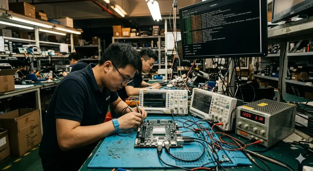 RK3588 development board used in industrial embedded system testing environment with engineers debugging hardware