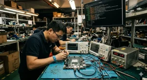 RK3588 development board used in industrial embedded system testing environment with engineers debugging hardware