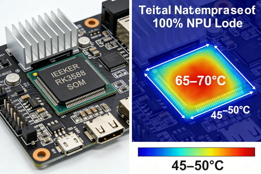 IEEKER RK3588 System on Module with custom heatsink and thermal imaging showing temperature distribution under 100% NPU load - stable operation at 65-70°C core temperature