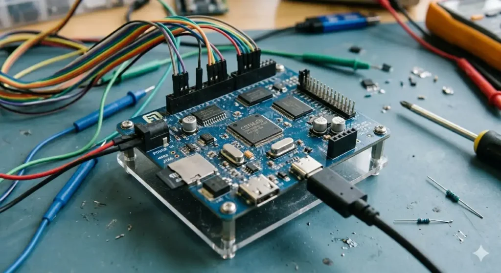 embedded systems engineering lab with development board testing