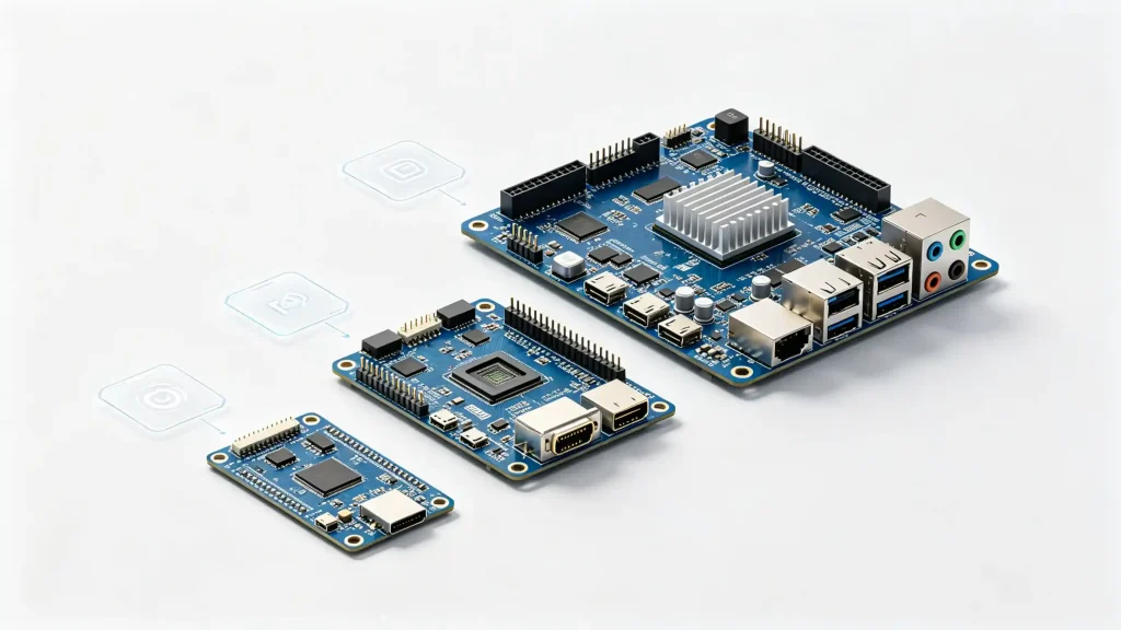 A comparative layout of different development board tiers including AVR, Allwinner, and Rockchip platforms.