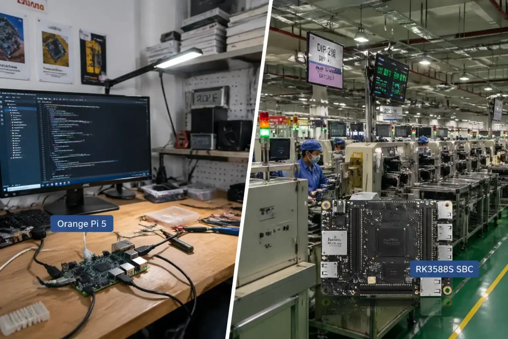Comparison between Orange Pi 5 prototype setup and industrial RK3588S production environment