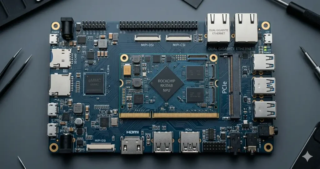 Detailed hardware layout of RK3568 Embedded Development Solutions 2026 showcasing NPU and dual Gigabit Ethernet.
