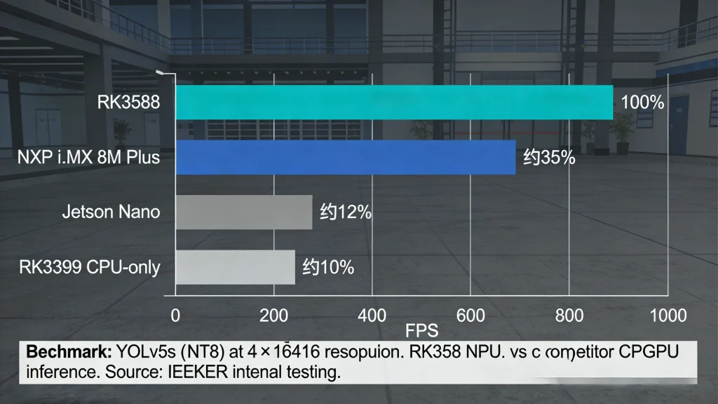 Bar chart showing YOLOv5s inference FPS benchmark - RK3588 achieves 100% baseline performance, compared to NXP i.MX 8M Plus at 35%, Jetson Nano at 12%, and RK3399 CPU at 10%