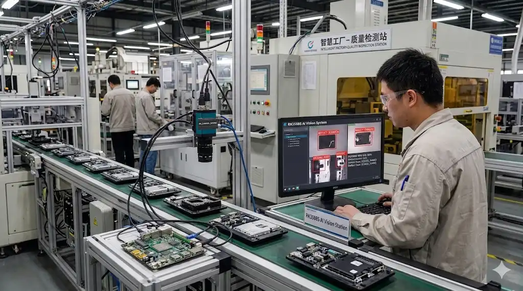 Engineer testing AI vision system powered by RK3588S SBC in smart factory