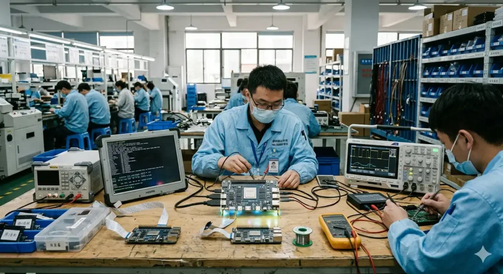 Industrial engineers testing RK3588S SBC boards in a Chinese electronics factory production environment
