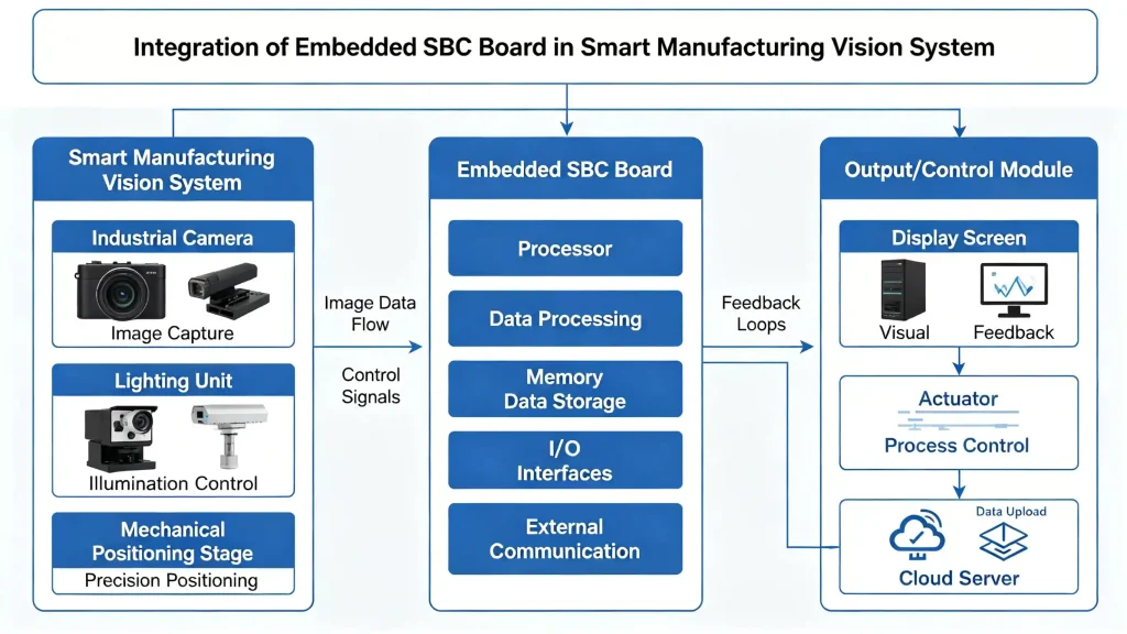 Technical block diagram showing the integration of an embedded sbc board in a smart manufacturing vision system.