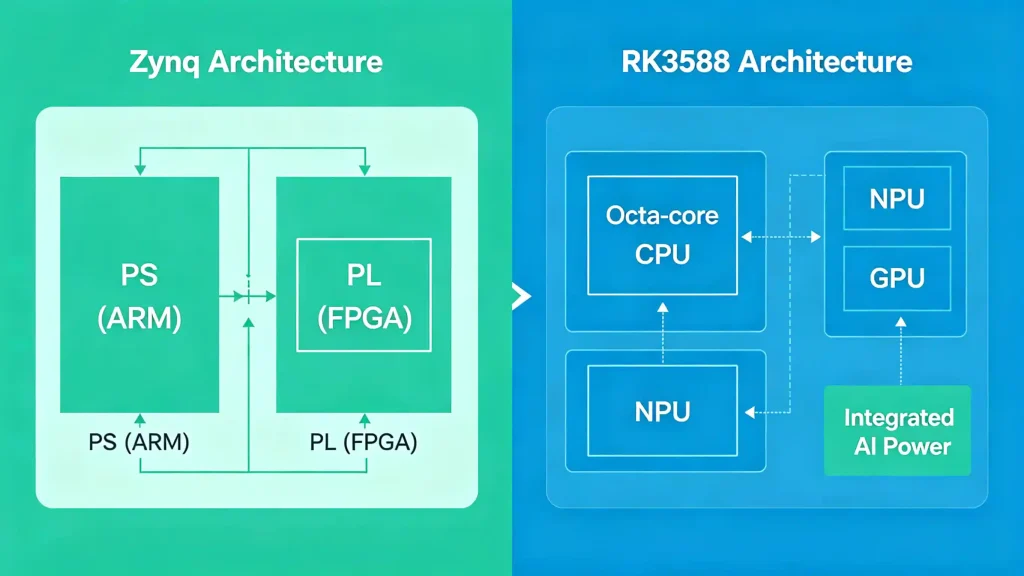 Architecture diagram showing the difference between Zynq-7000 ARM/FPGA SoC and Rockchip RK3588 with integrated NPU and 8K VPU
