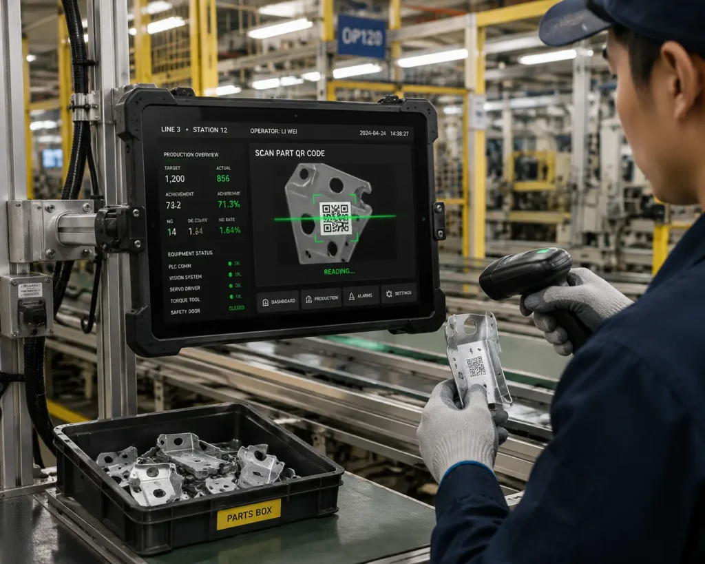 RK3568 industrial tablet terminal mounted on a swing arm beside an automotive component production line showing SCADA dashboard and QR code scanning interface in a factory environment