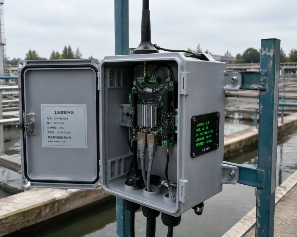 RK3568-based industrial IoT gateway installed inside an IP65 aluminum enclosure mounted on a pipe rack at an outdoor water treatment facility showing passive cooling thermal design