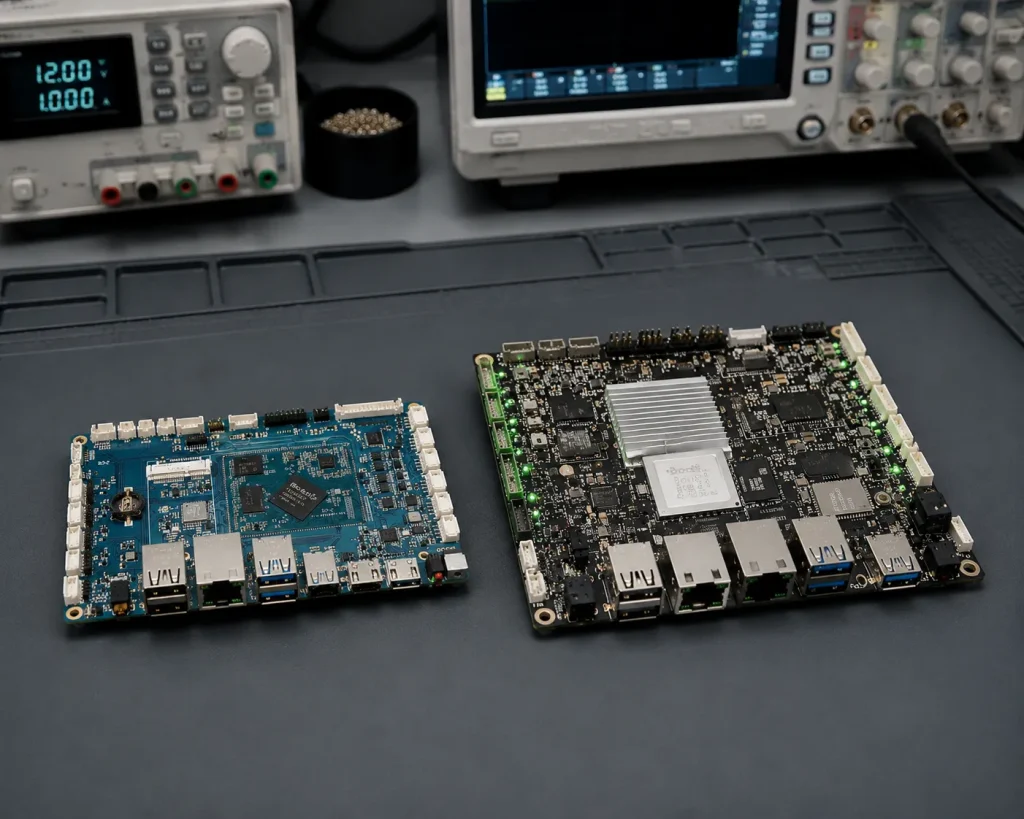 RK3568 and RK3588 industrial development boards placed side by side on a workbench showing hardware differences in heatsink size, connector layout and board complexity