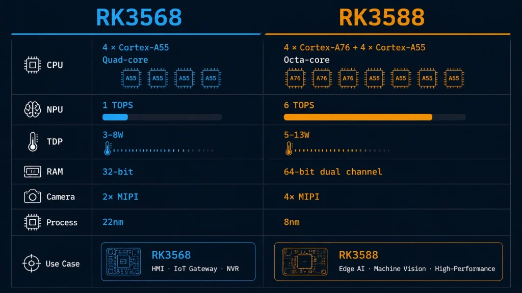 Infographic comparing RK3568 and RK3588 development board specifications including CPU cores, NPU TOPS, TDP power consumption, memory bandwidth and interface count