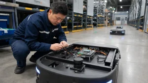 RK3588 embedded development board mounted inside an autonomous mobile robot control cabinet showing CAN bus connections, motor drivers and industrial I/O interfaces for AGV deployment