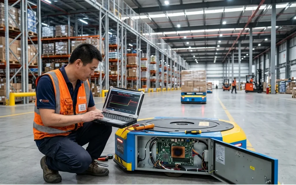 Chinese field service engineer using laptop to analyze CPU thermal log data from AGV control board showing temperature throttling fault in a large Chinese distribution center warehouse environment