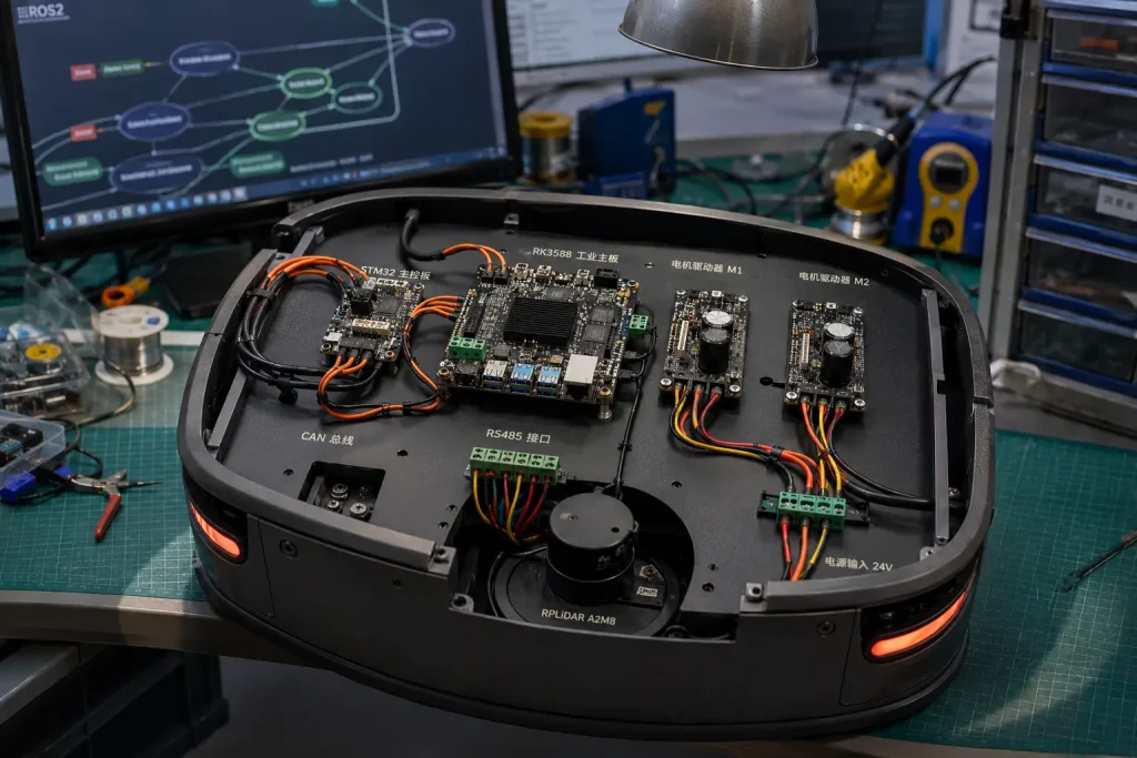 Open AMR robot chassis showing RK3588 SBC connected to STM32 safety MCU via CAN bus orange wiring harness with motor drivers RS485 terminal blocks and LiDAR mounting bracket in Chinese robotics lab