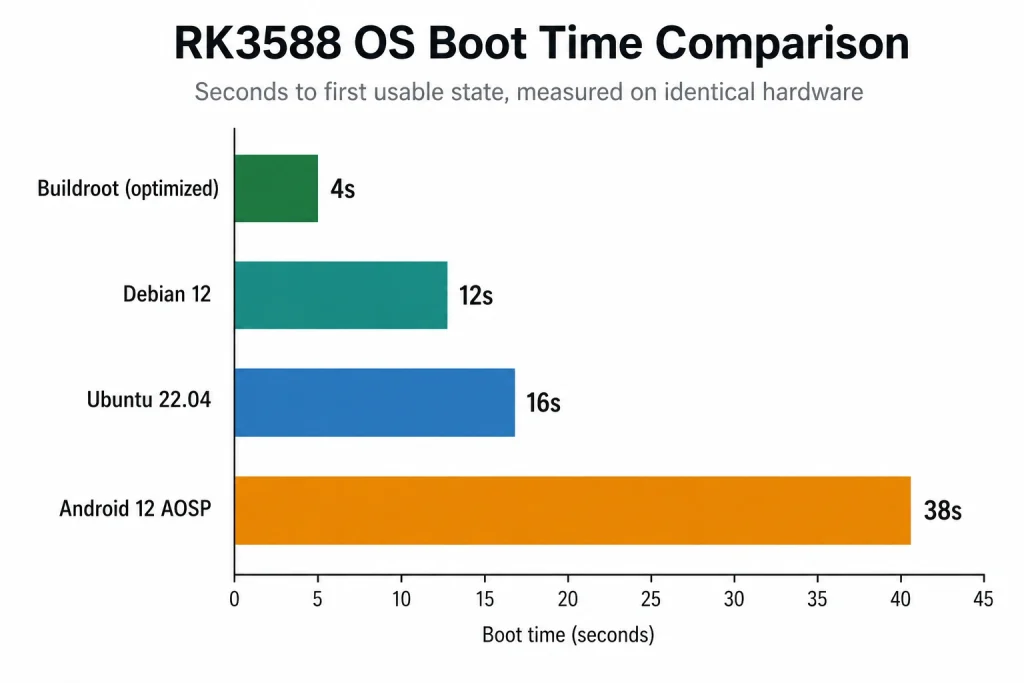 条形图比较了RK3588嵌入式板上Linux Buildroot、Debian、Ubuntu和Android 12 AOSP在秒数上的引导时间