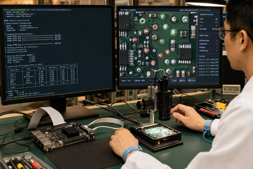 Engineer debugging INT8 quantization accuracy on RK3588 embedded Linux system connected to PCB solder joint inspection camera in industrial lab environment