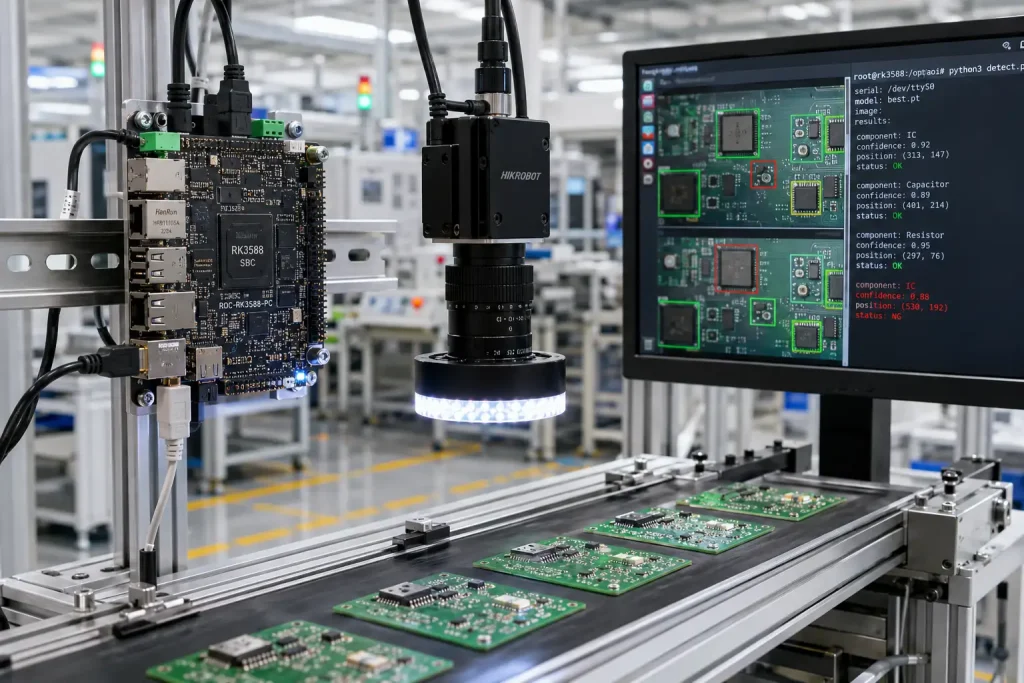 RK3588 industrial SBC connected to machine vision camera inspecting PCB components on a manufacturing line for defect detection