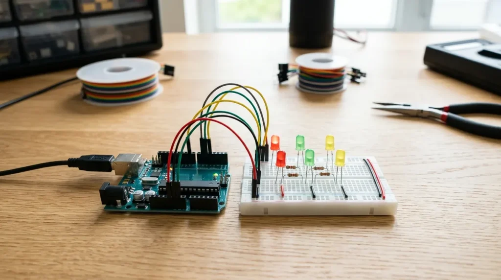 Arduino development board prototyping setup with LEDs and breadboard