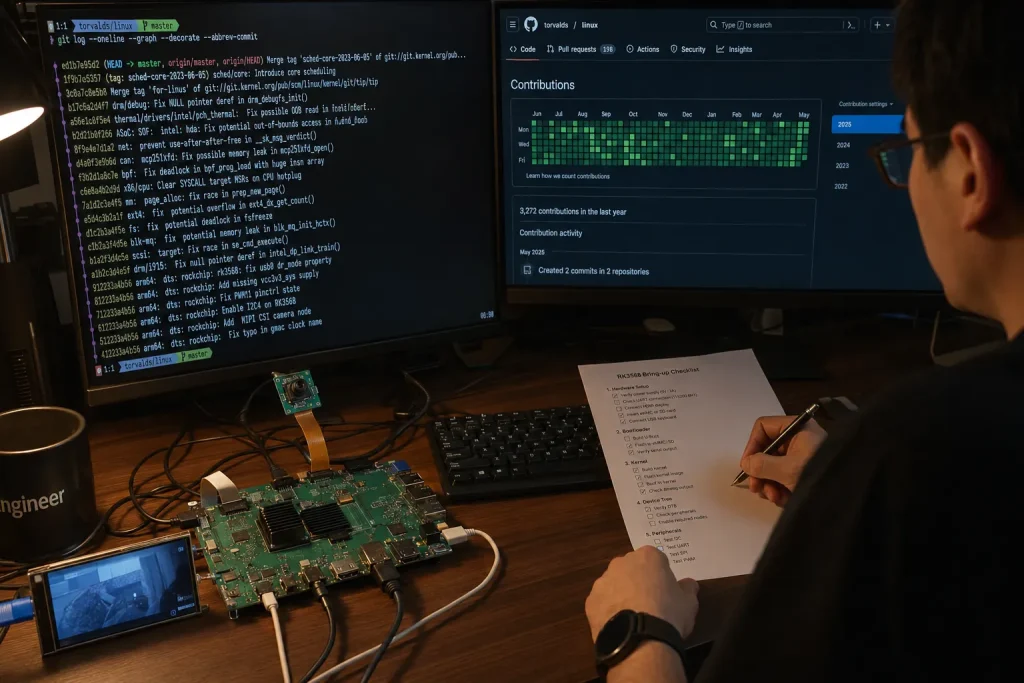 Engineer reviewing BSP kernel source code on a laptop next to an RK3568 development board with MIPI camera module