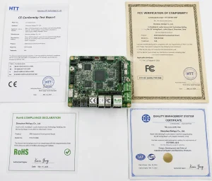 Embedded development board with CE, FCC, and RoHS certification marks displayed alongside official test documentation