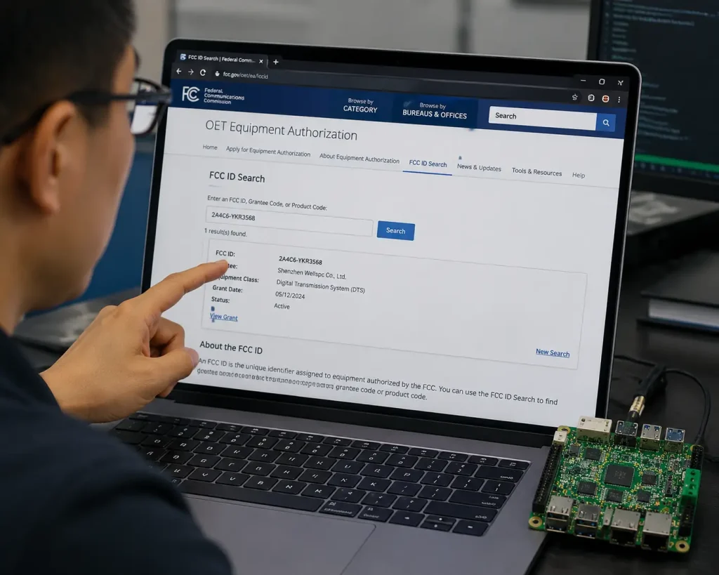 Engineer verifying embedded board FCC ID on official FCC database website on laptop next to development board