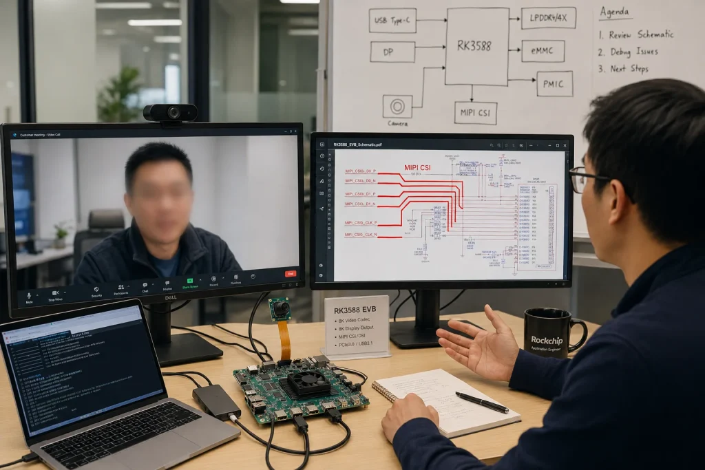 Application engineer providing technical support during embedded board integration, reviewing schematics with customer via video call