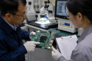 Engineer reviewing embedded development board samples on a factory inspection table with quality documentation