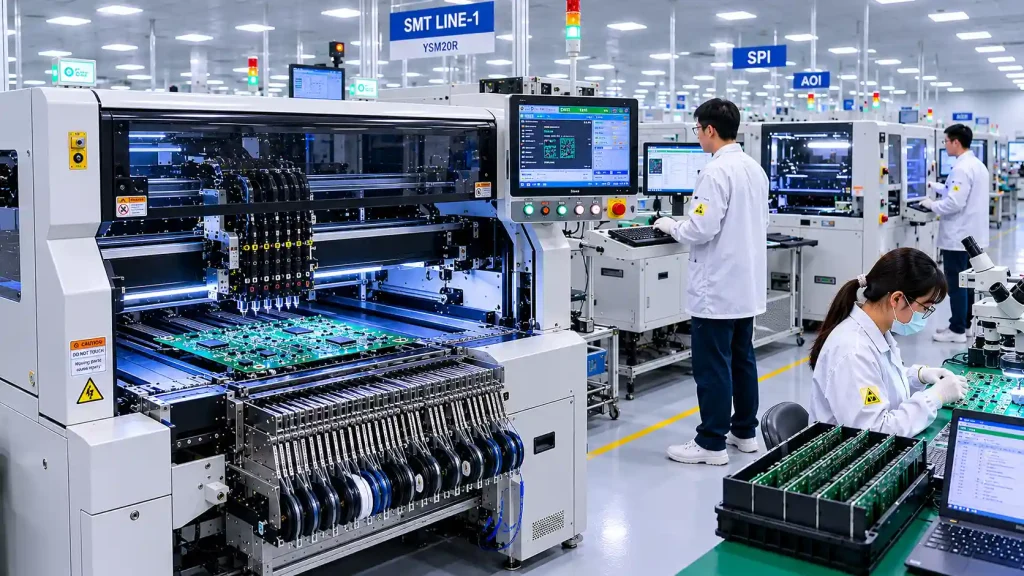 Industrial SMT production line assembling ARM development boards with automated placement machines