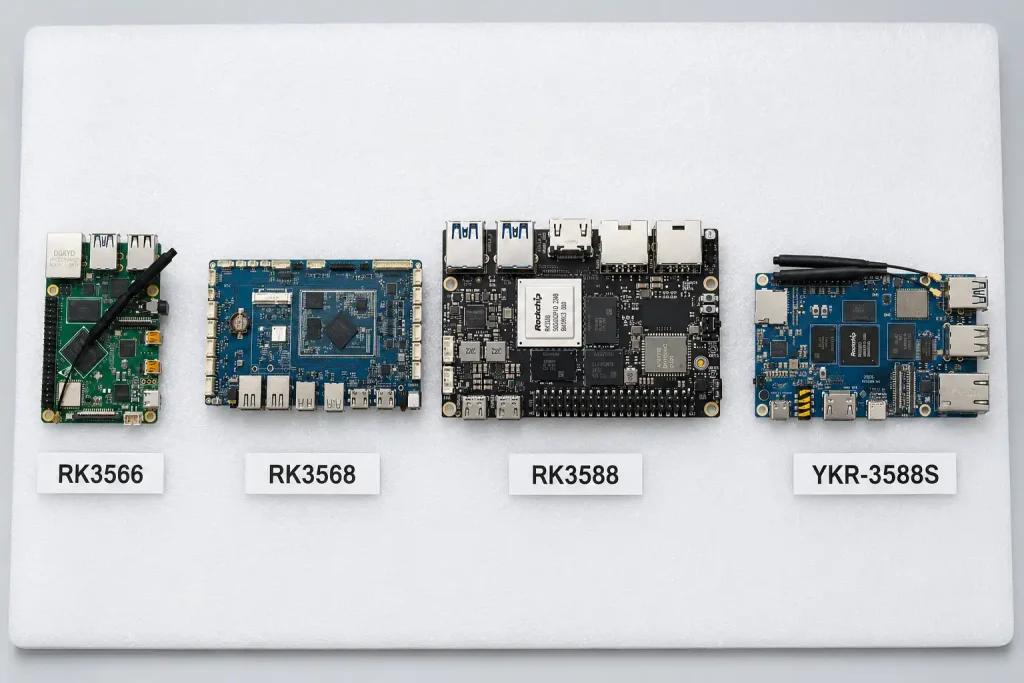 ieeker Rockchip development board lineup showing RK3566, RK3568, RK3588, and YKR-3588S boards side by side