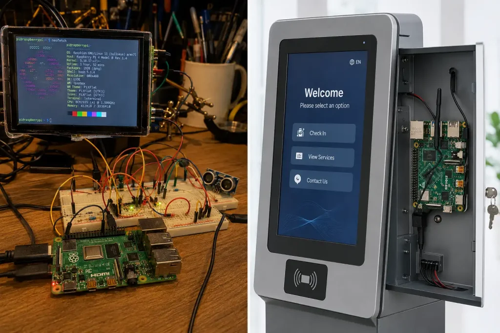 RK3566 board installed in commercial kiosk enclosure next to Raspberry Pi 4 on open development desk