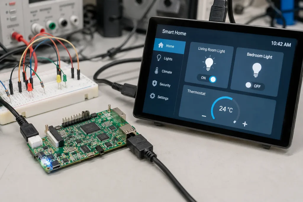 RK3566 development board on workbench next to a smart home control panel display showing typical use case