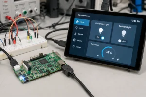RK3566 development board on workbench next to a smart home control panel display showing typical use case