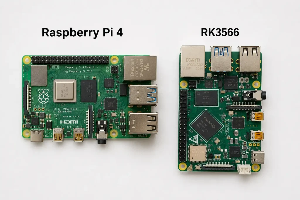 RK3566 development board next to Raspberry Pi 4 on engineering workbench for commercial embedded project comparison