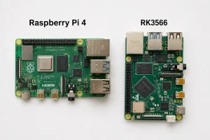 RK3566 development board next to Raspberry Pi 4 on engineering workbench for commercial embedded project comparison