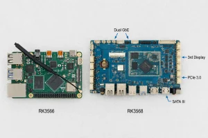 RK3566 development board next to RK3568 development board with I/O difference callouts