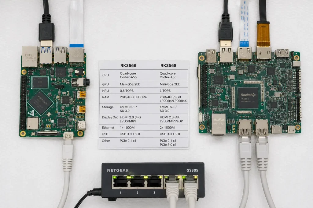 RK3566 development board with dual display cables next to RK3568 board with triple display cables and dual Ethernet ports