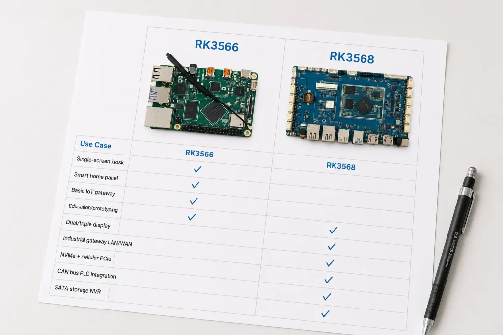 Decision matrix showing which applications choose RK3566 and which choose RK3568 development boards