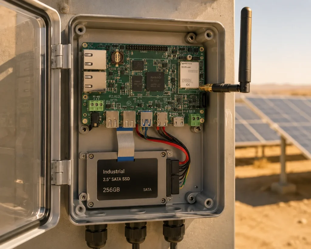 RK3568 IoT gateway board with M.2 LTE cellular modem and SATA SSD installed in DIN-rail enclosure for remote solar farm monitoring