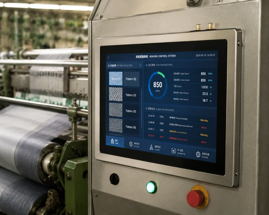 Custom RK3568-based 12-inch industrial HMI panel installed on textile weaving machine showing Qt interface with fabric pattern data