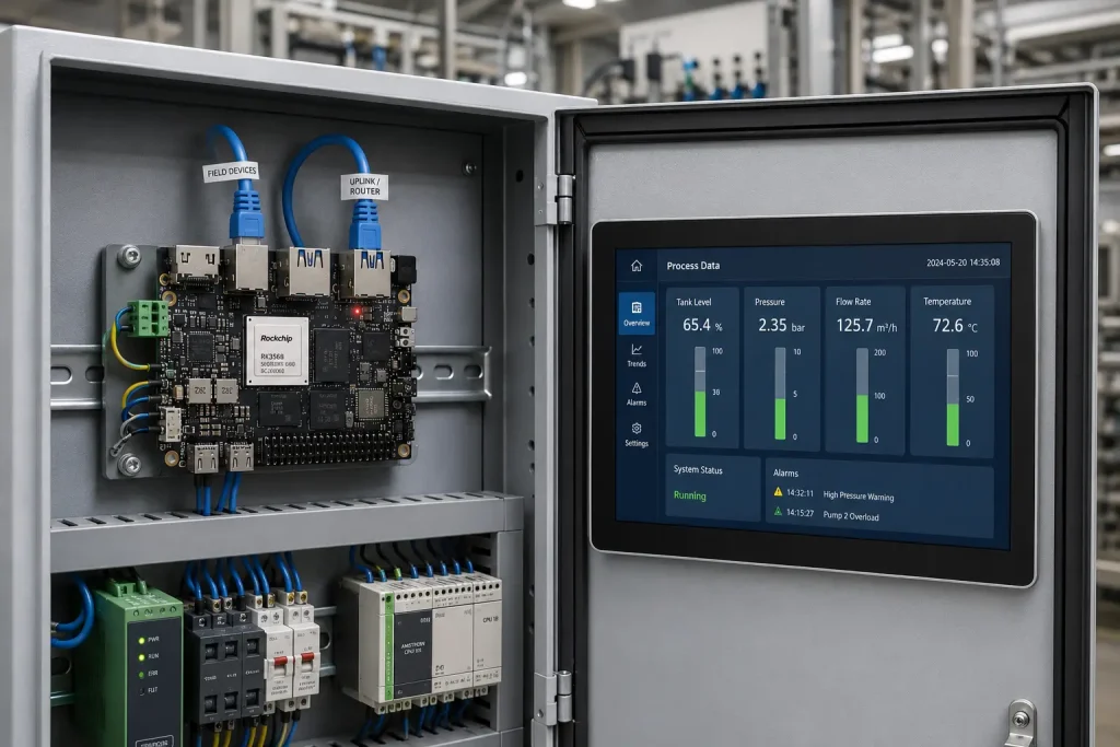 RK3568 development board installed in industrial control cabinet with dual Ethernet cables and HMI panel connected
