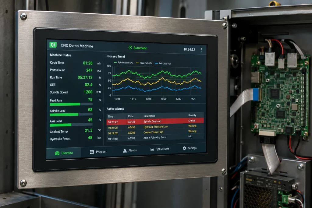 Industrial HMI panel running Qt interface on RK3568 board mounted in machine tool control cabinet