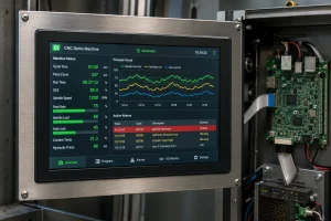 Industrial HMI panel running Qt interface on RK3568 board mounted in machine tool control cabinet